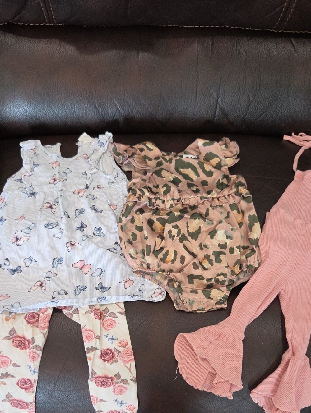 Leopard Print Satin Romper - Pink Floral Leggings 3 Outfits 12-18mts